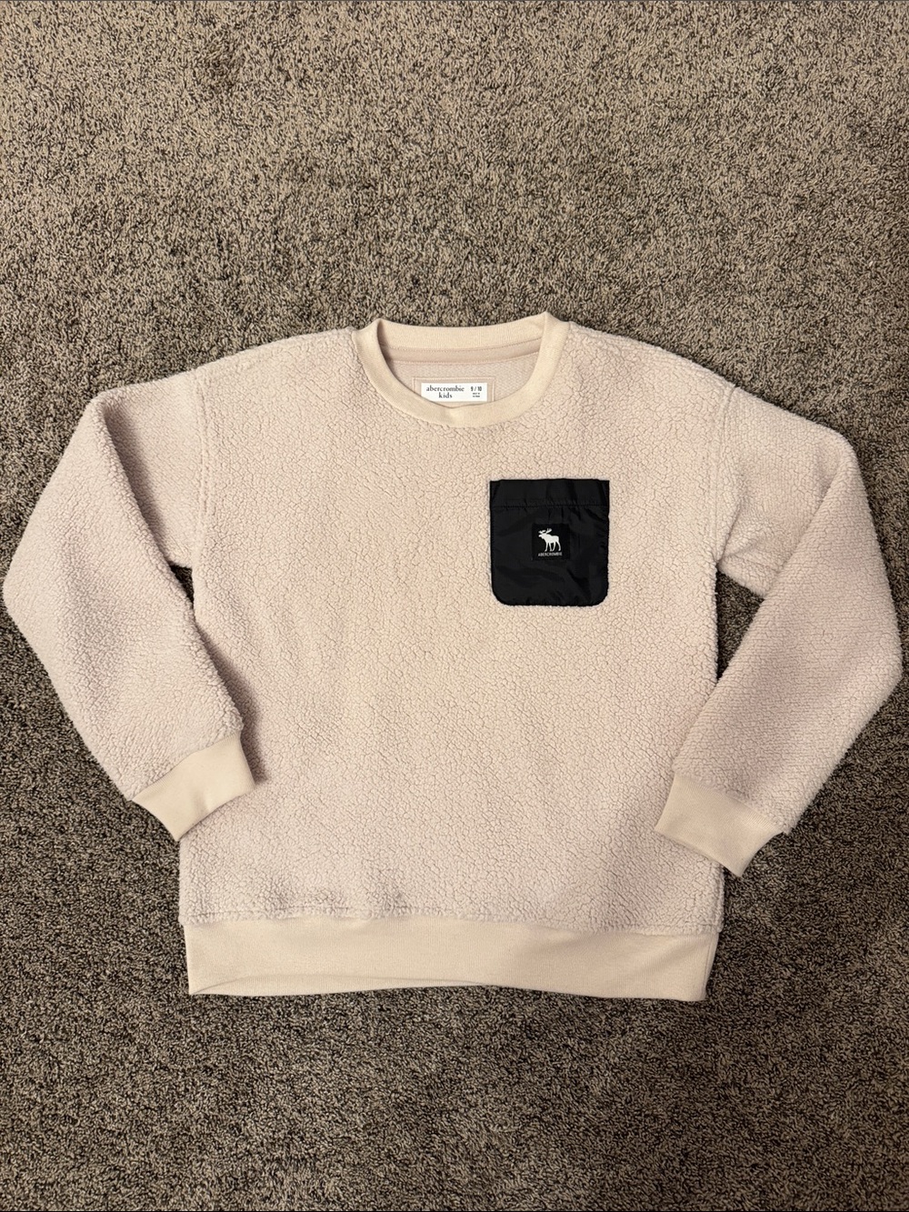 Abercrombie Kids Cream Sherpa Crewneck with Black Pocket